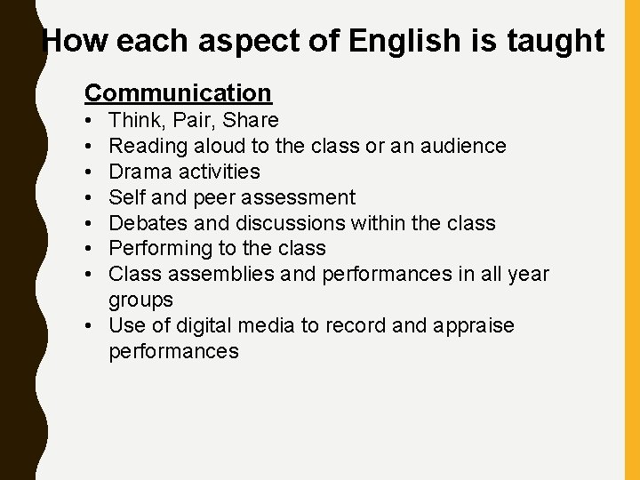 How each aspect of English is taught Communication • • Think, Pair, Share Reading