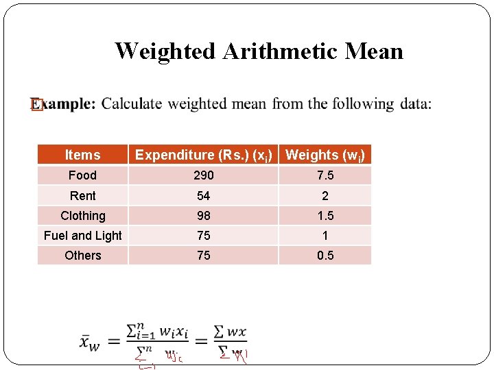Weighted Arithmetic Mean � Items Expenditure (Rs. ) (xi) Weights (wi) Food 290 7.