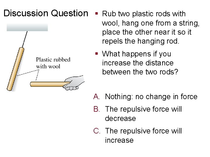 Discussion Question § Rub two plastic rods with wool, hang one from a string,