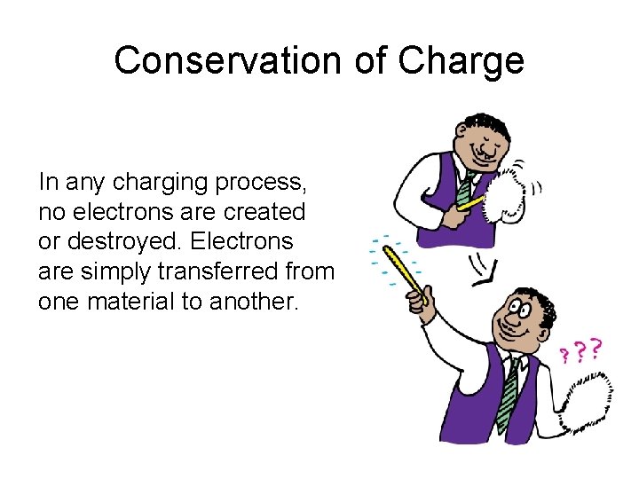 Conservation of Charge In any charging process, no electrons are created or destroyed. Electrons