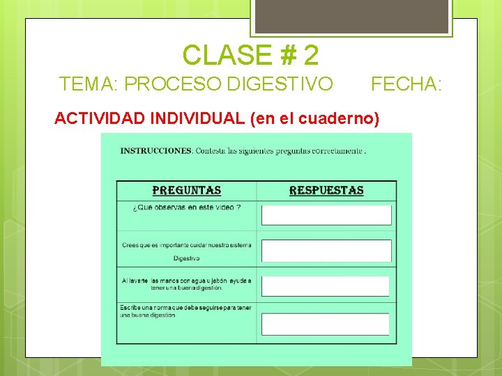 CLASE # 2 TEMA: PROCESO DIGESTIVO FECHA: ACTIVIDAD INDIVIDUAL (en el cuaderno) 