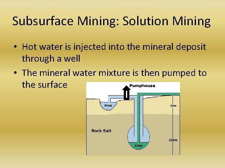 Subsurface Mining: Solution Mining • Hot water is injected into the mineral deposit through Subsurface Mining: Solution Mining • Hot water is injected into the mineral deposit through