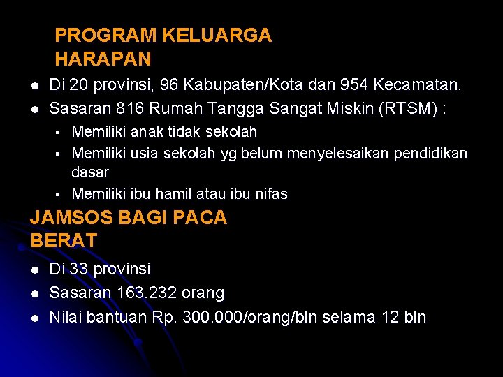 PROGRAM KELUARGA HARAPAN l l Di 20 provinsi, 96 Kabupaten/Kota dan 954 Kecamatan. Sasaran