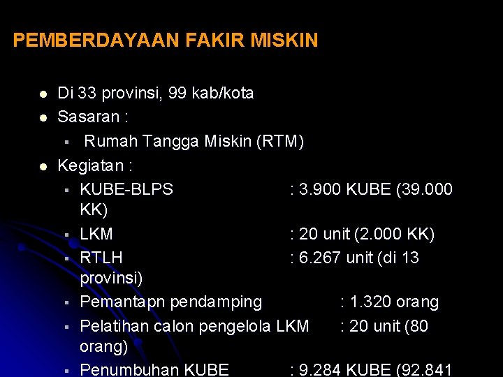 PEMBERDAYAAN FAKIR MISKIN l l l Di 33 provinsi, 99 kab/kota Sasaran : §