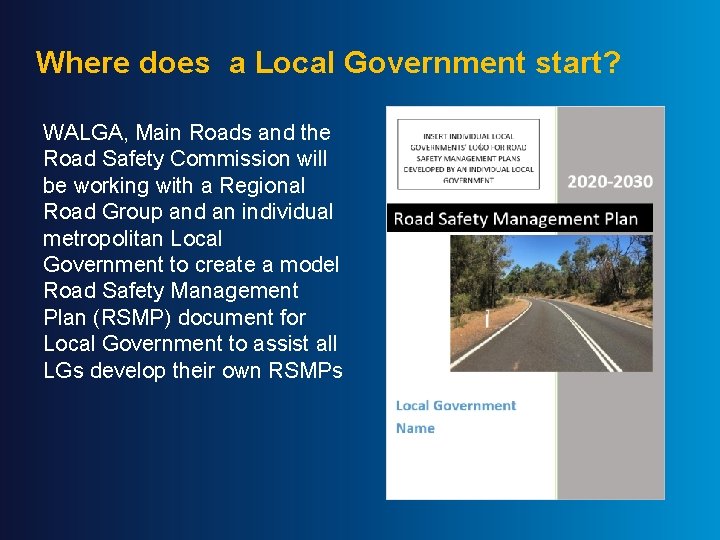 Where does a Local Government start? WALGA, Main Roads and the Road Safety Commission
