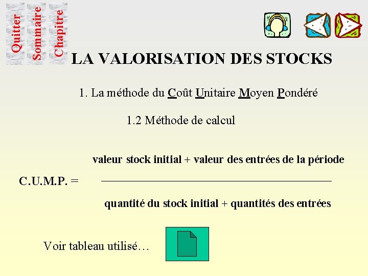 Chapitre Sommaire Quitter LA VALORISATION DES STOCKS 1. La méthode du Coût Unitaire Moyen