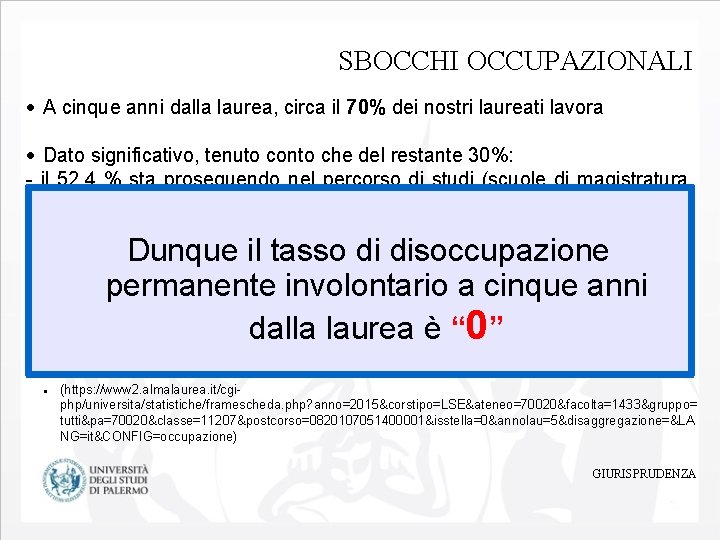 SBOCCHI OCCUPAZIONALI A cinque anni dalla laurea, circa il 70% dei nostri laureati lavora