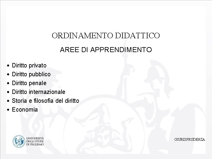 ORDINAMENTO DIDATTICO AREE DI APPRENDIMENTO Diritto privato Diritto pubblico Diritto penale Diritto internazionale Storia