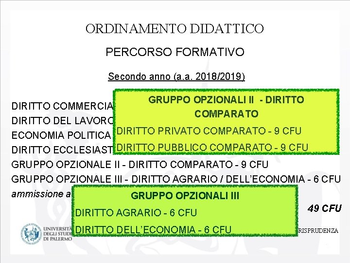 ORDINAMENTO DIDATTICO PERCORSO FORMATIVO Secondo anno (a. a. 2018/2019) GRUPPO OPZIONALI II - DIRITTO