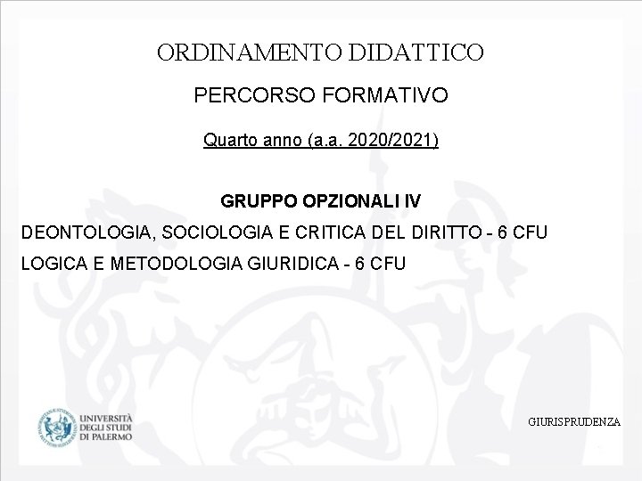 ORDINAMENTO DIDATTICO PERCORSO FORMATIVO Quarto anno (a. a. 2020/2021) GRUPPO OPZIONALI IV DEONTOLOGIA, SOCIOLOGIA