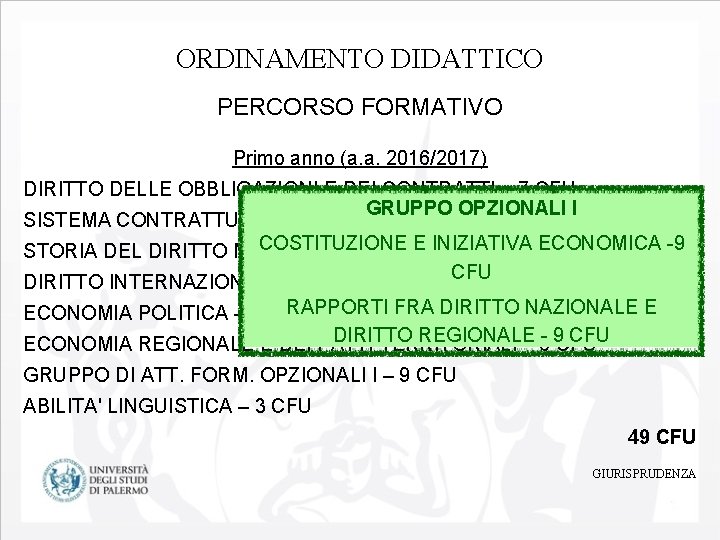 ORDINAMENTO DIDATTICO PERCORSO FORMATIVO Primo anno (a. a. 2016/2017) DIRITTO DELLE OBBLIGAZIONI E DEI