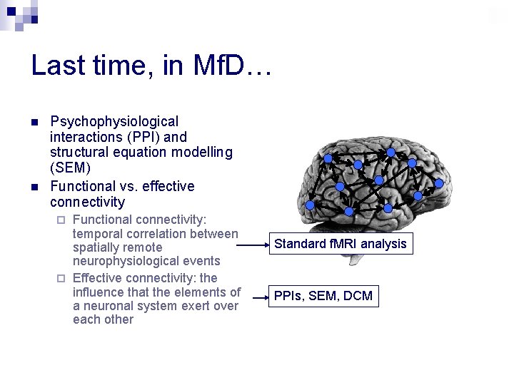 Last time, in Mf. D… n n Psychophysiological interactions (PPI) and structural equation modelling