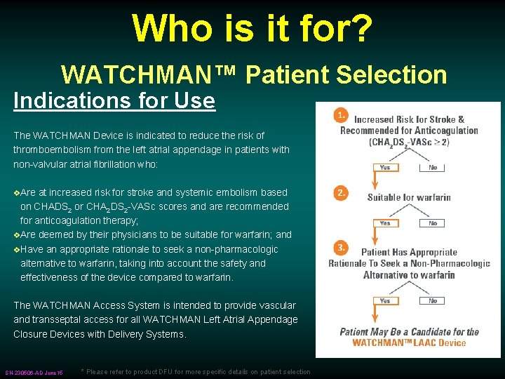 Who is it for? WATCHMAN™ Patient Selection Indications for Use The WATCHMAN Device is