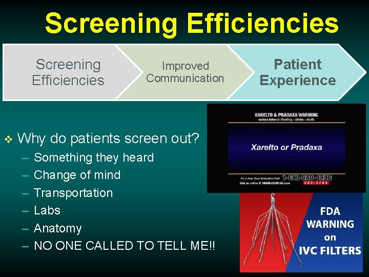 Screening Efficiencies v Improved Communication Why do patients screen out? – – – Something