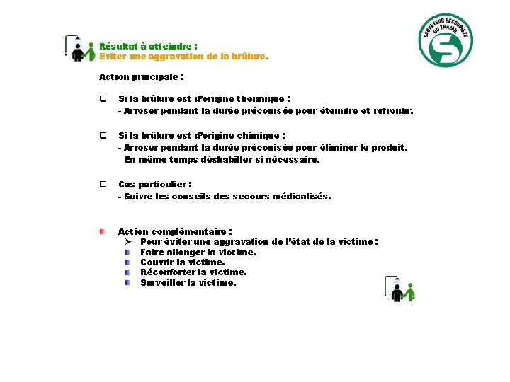 Résultat à atteindre : Eviter une aggravation de la brûlure. Action principale : q