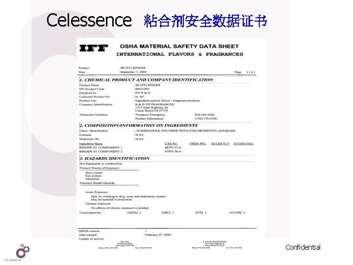 Celessence 粘合剂安全数据证书 Confidential 