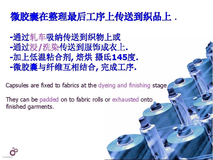 微胶囊在整理最后 序上传送到织品上. -通过轧车吸纳传送到织物上或 -通过浸/洗染传送到服饰成衣上. -加上低温粘合剂, 焙烘 摄氐 145度. -微胶囊与纤维互相结合, 完成 序. Capsules are fixed
