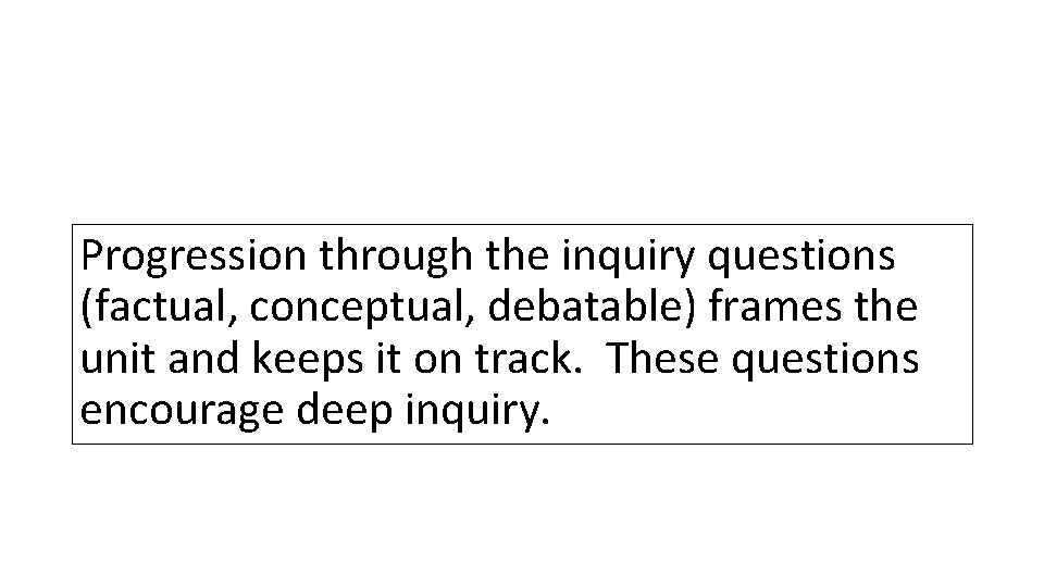 Progression through the inquiry questions (factual, conceptual, debatable) frames the unit and keeps it
