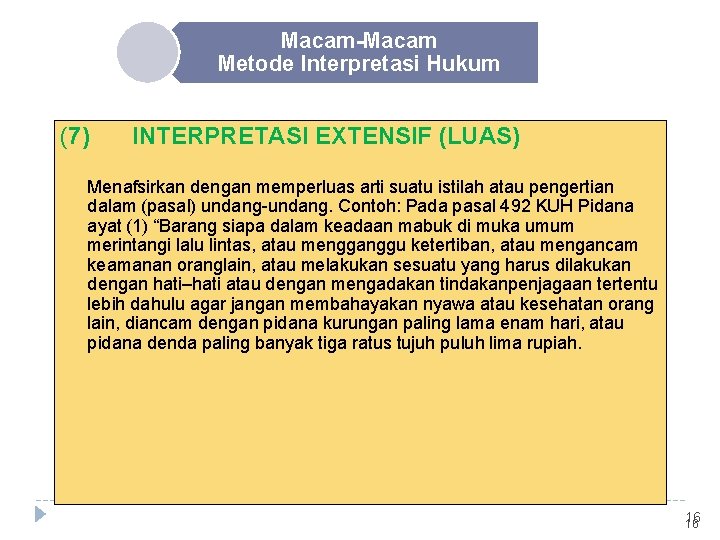 Macam-Macam Metode Interpretasi Hukum (7) INTERPRETASI EXTENSIF (LUAS) Menafsirkan dengan memperluas arti suatu istilah