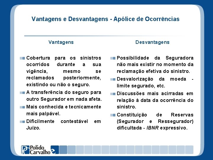 Vantagens e Desvantagens - Apólice de Ocorrências Vantagens Desvantagens Cobertura para os sinistros ocorridos