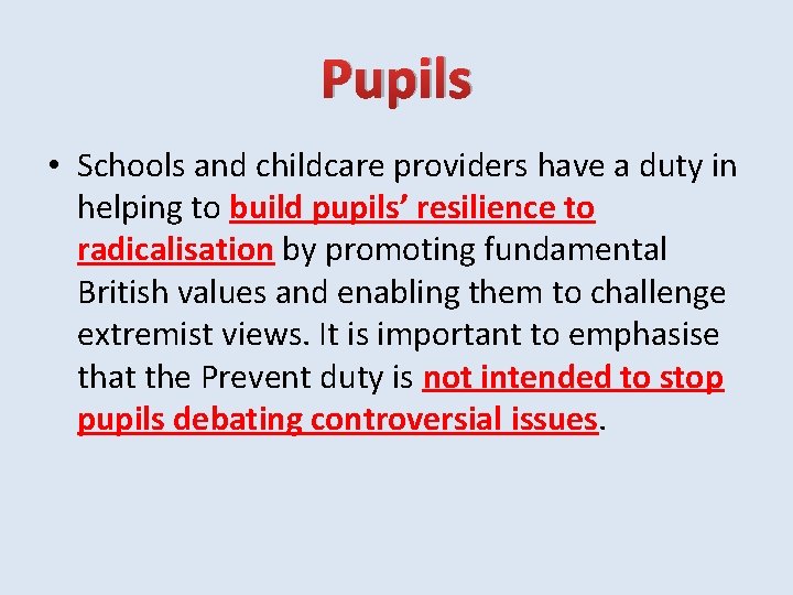 Pupils • Schools and childcare providers have a duty in helping to build pupils’