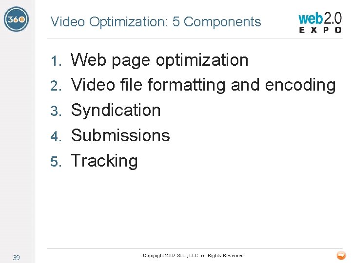 Video Optimization: 5 Components 1. 2. 3. 4. 5. 39 Web page optimization Video