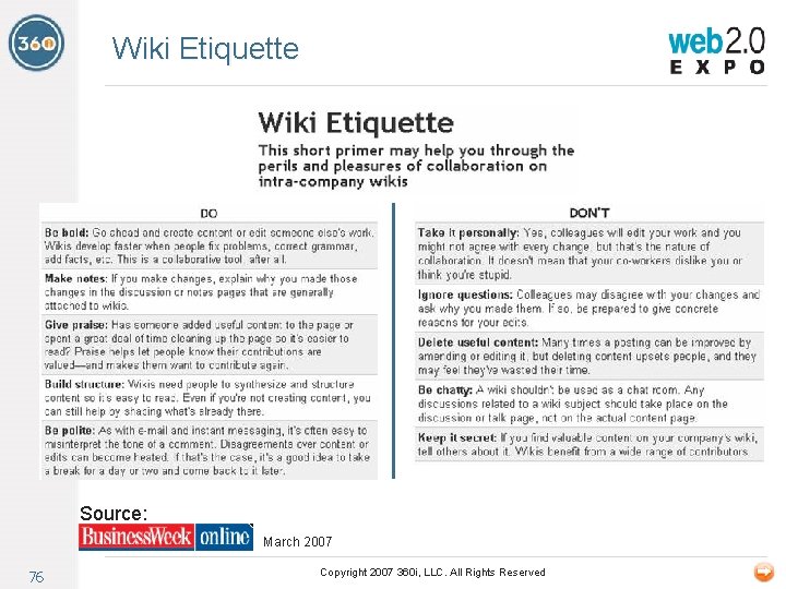 Wiki Etiquette Source: March 2007 76 Copyright 2007 360 i, LLC. All Rights Reserved