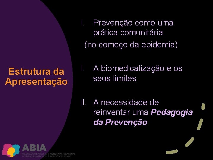 I. Prevenção como uma prática comunitária (no começo da epidemia) Estrutura da Apresentação I.