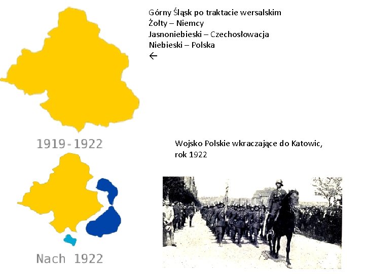 Górny Śląsk po traktacie wersalskim Żołty – Niemcy Jasnoniebieski – Czechosłowacja Niebieski – Polska