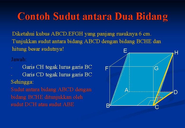 Contoh Sudut antara Dua Bidang Diketahui kubus ABCD. EFGH yang panjang rusuknya 6 cm.