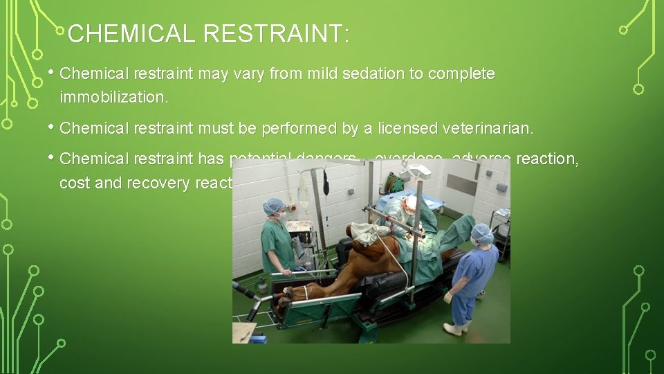 CHEMICAL RESTRAINT: • Chemical restraint may vary from mild sedation to complete immobilization. •