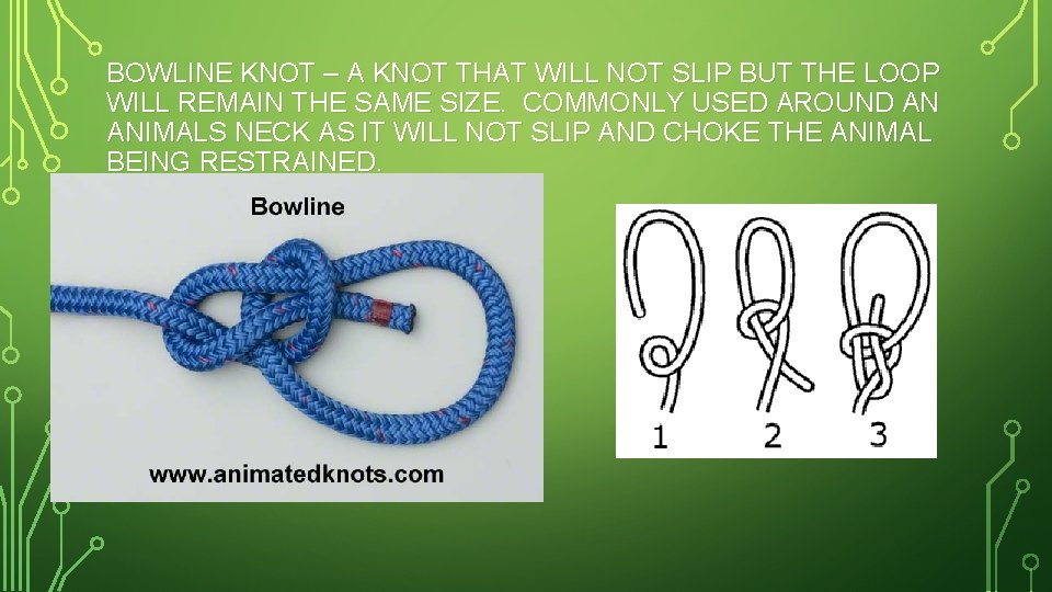 BOWLINE KNOT – A KNOT THAT WILL NOT SLIP BUT THE LOOP WILL REMAIN
