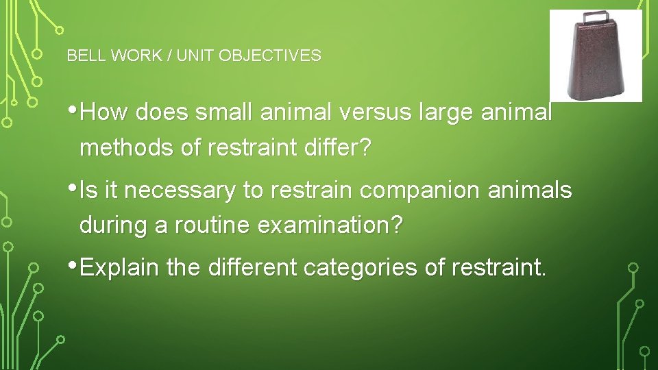 BELL WORK / UNIT OBJECTIVES • How does small animal versus large animal methods