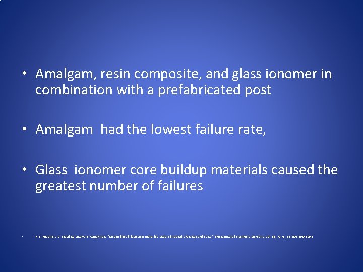  • Amalgam, resin composite, and glass ionomer in combination with a prefabricated post