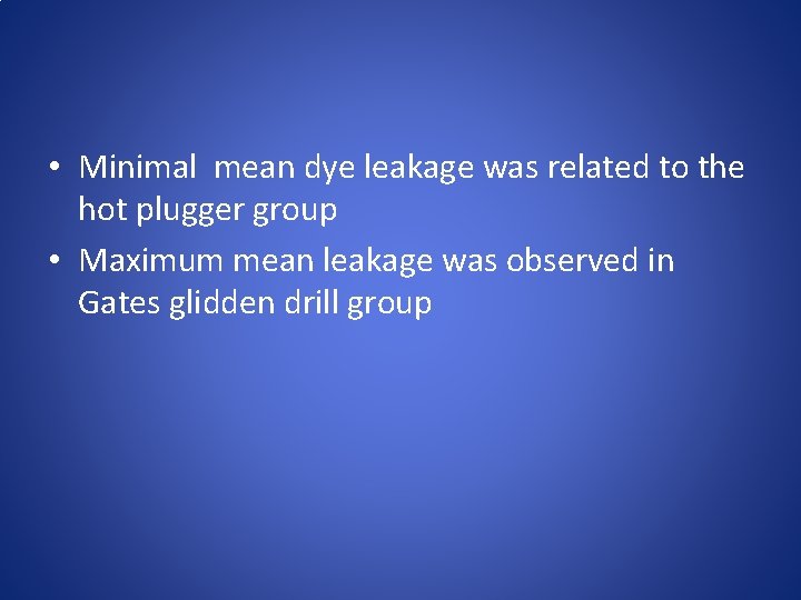  • Minimal mean dye leakage was related to the hot plugger group •