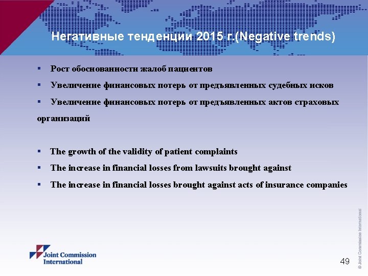 Негативные тенденции 2015 г. (Negative trends) § Рост обоснованности жалоб пациентов § Увеличение финансовых