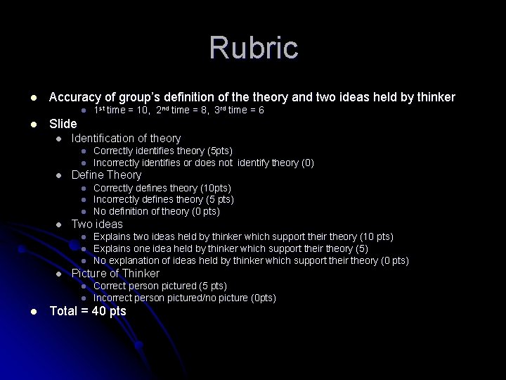 Rubric l Accuracy of group’s definition of theory and two ideas held by thinker