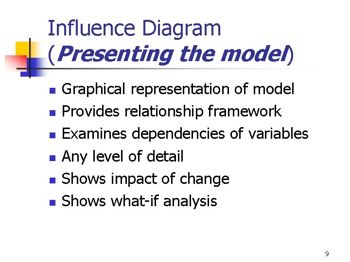 Influence Diagram (Presenting the model) n n n Graphical representation of model Provides relationship