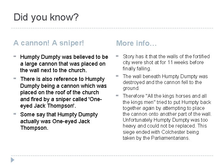 Did you know? A cannon! A sniper! More info… Humpty Dumpty was believed to