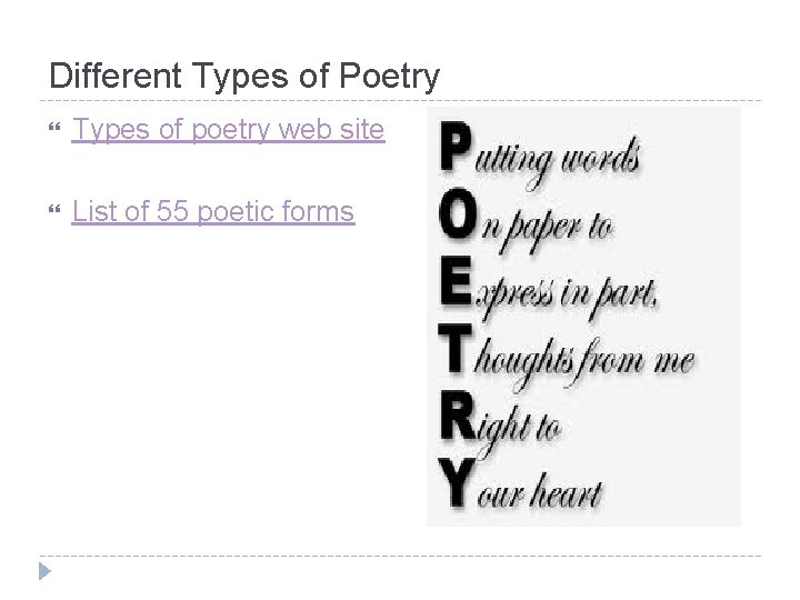 Different Types of Poetry Types of poetry web site List of 55 poetic forms
