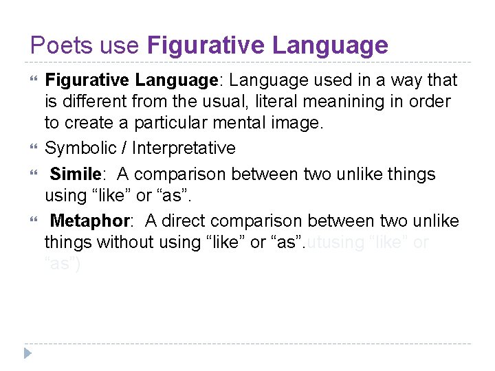 Poets use Figurative Language: Language used in a way that is different from the