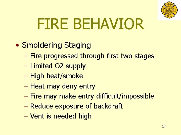 FIRE BEHAVIOR • Smoldering Staging – Fire progressed through first two stages – Limited