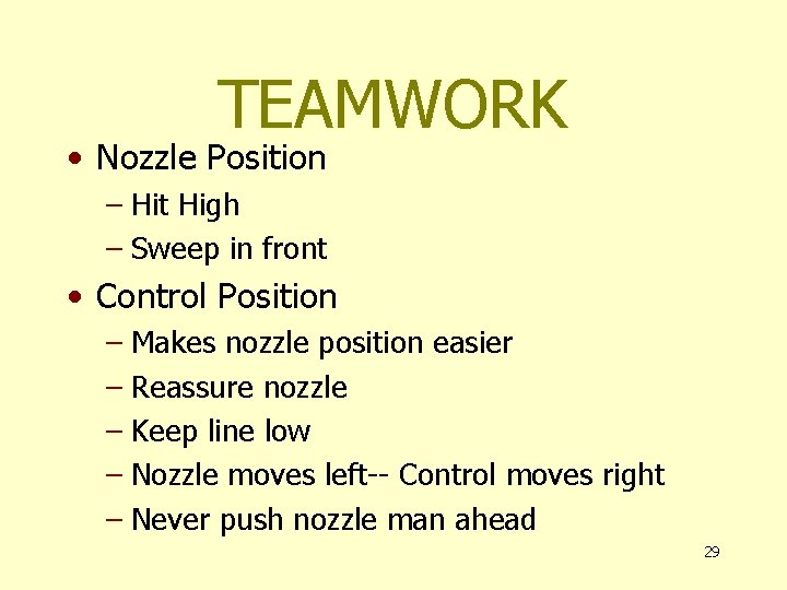 TEAMWORK • Nozzle Position – Hit High – Sweep in front • Control Position