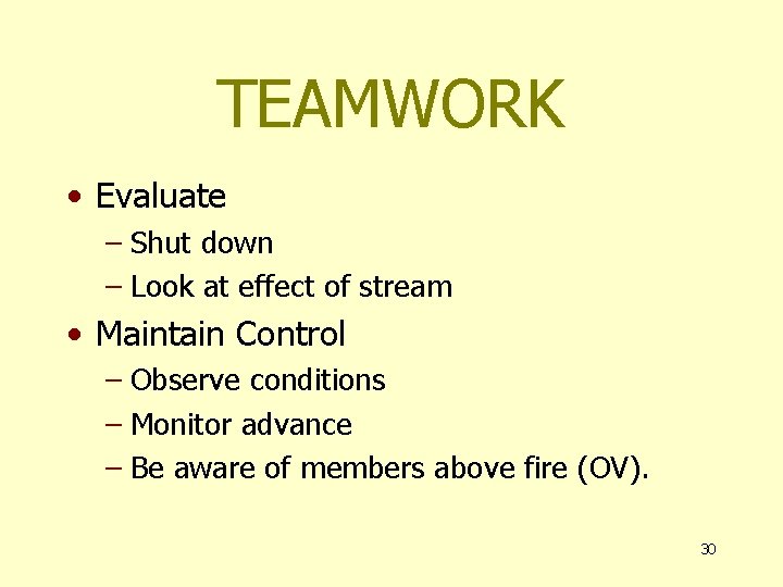 TEAMWORK • Evaluate – Shut down – Look at effect of stream • Maintain