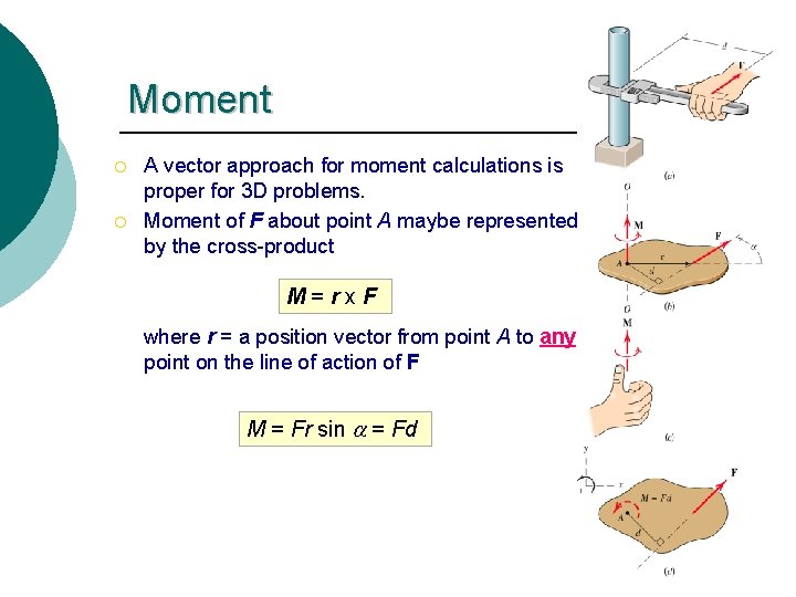 Moment ¡ ¡ A vector approach for moment calculations is proper for 3 D