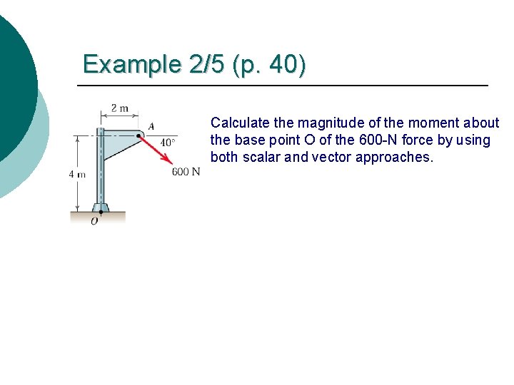 Example 2/5 (p. 40) Calculate the magnitude of the moment about the base point