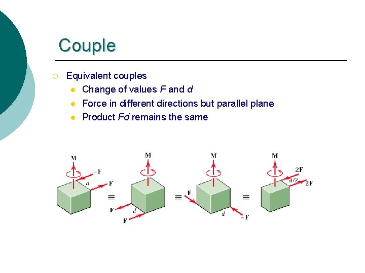 Couple ¡ Equivalent couples l Change of values F and d l Force in