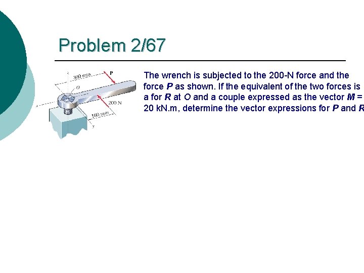 Problem 2/67 The wrench is subjected to the 200 -N force and the force