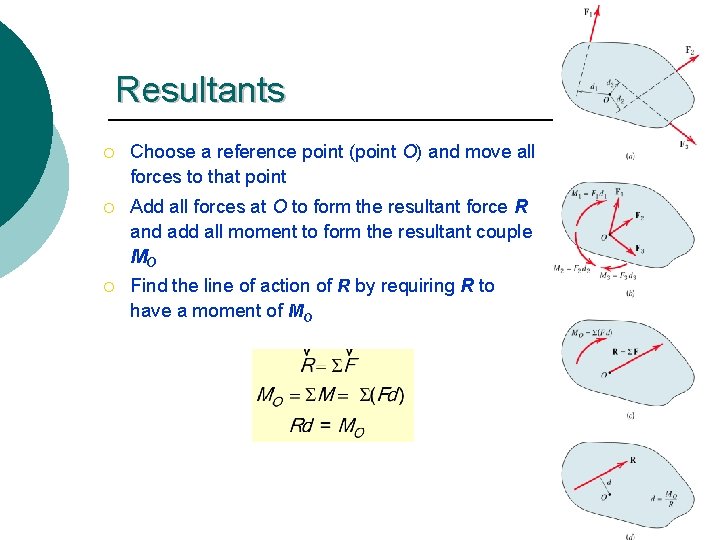 Resultants ¡ Choose a reference point (point O) and move all forces to that