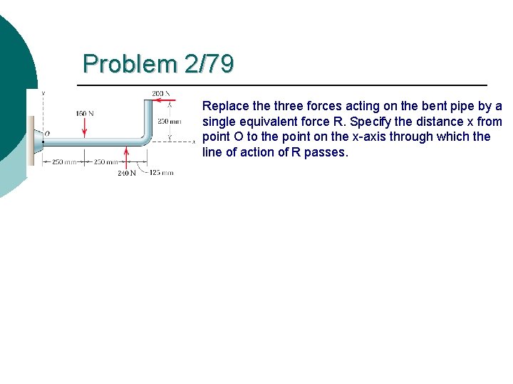 Problem 2/79 Replace three forces acting on the bent pipe by a single equivalent